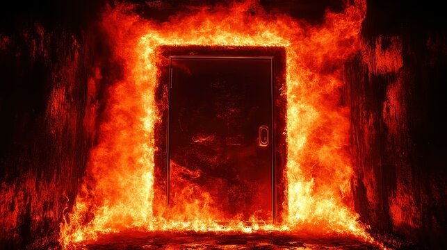 Metal door burning with bright orange flames intense fire hazard danger concept perfect for safety awareness campaigns dark background dramatic lighting emergency situation smoke heat risk