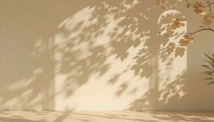 Empty Beige Background with Sunlight Superimposed Shadow Leaves on the Wall: An Elegant Autumn-Inspired Template for Product Presentation, Creating a Warm, Natural Atmosphere with Subtle Shadows and S