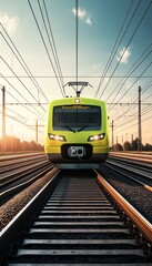 Fototapeta premium Modern green train on railway tracks at sunset, surrounded by wires and poles.