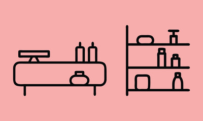 Bathroom Storage and Shelf Outline Icons, A pair of minimalist black outline icons featuring bathroom storage units and shelves with toiletries, displayed on a pink background for decor themes.
