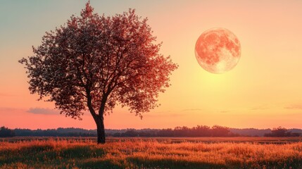 Lonely tree with red leaves standing in grassy field under large glowing full moon during sunset, perfect for nature, autumn, Halloween, or mystical backgrounds, peaceful warm colorful landscape scen