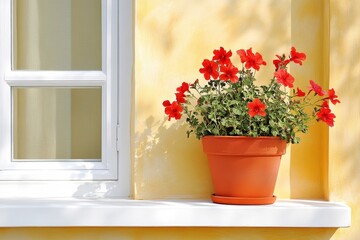 Fototapeta premium Casas blancas andaluzas adornadas con flores rojas en macetas al atardecer