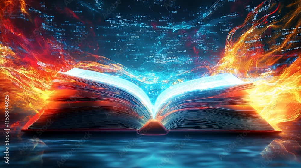 Poster an open book emanating flames and digital elements, symbolizing knowledge and innovation.