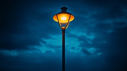 Lamp post glowing against dark blue sky.