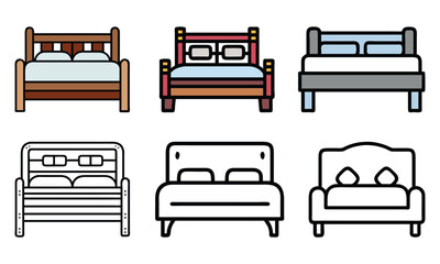 Bed Icon Collection with Various Designs, A set of six bed vector icons showcasing rustic, modern, and classic designs in both colorful and outline styles, perfect for bedroom projects.
