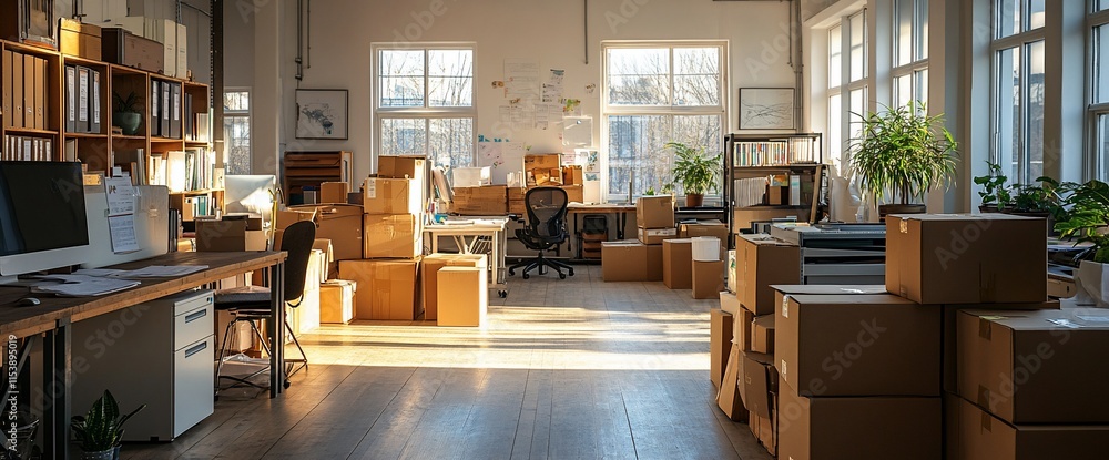 Poster an office space filled with boxes, indicating a busy or transitioning environment.
