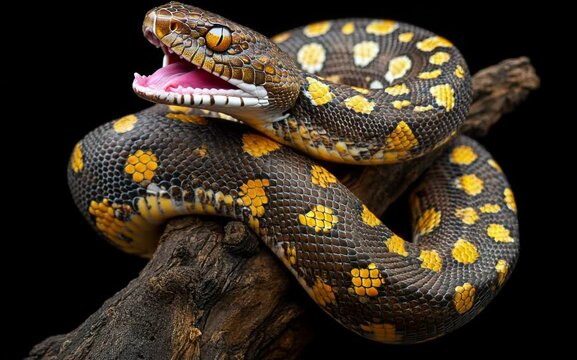 A snake slowly opens its mouth wide, revealing its sharp fangs as it prepares to strike