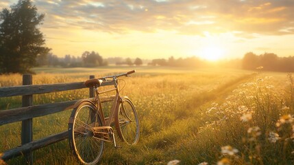 Obraz premium Bike leans on fence at sunset over field.