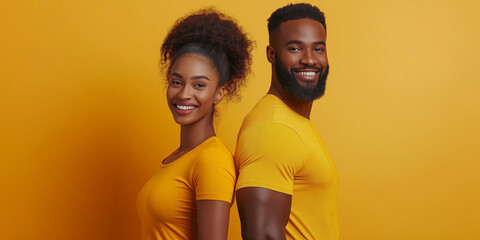 Obraz premium Joyful couple posing together studio setting portrait photography vibrant yellow background close-up view celebrating unity and happiness