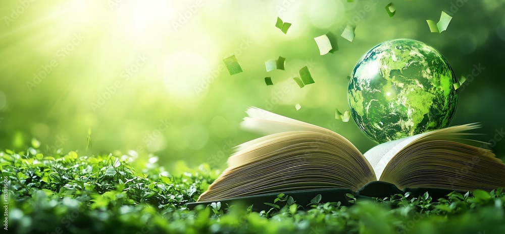 Aufkleber an open book with a globe and floating leaves, symbolizing knowledge and nature.