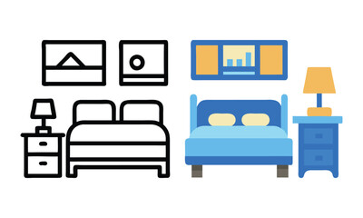 Bedroom Interior Icons with Bed and Decor, Vector icons of bedroom interiors featuring beds, nightstands, lamps, and wall decor in both outline and colorful styles, ideal for design projects.
