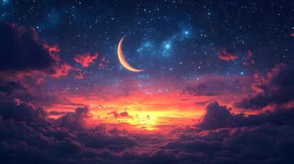 Crescent Moon, Stars, and Clouds at Sunset