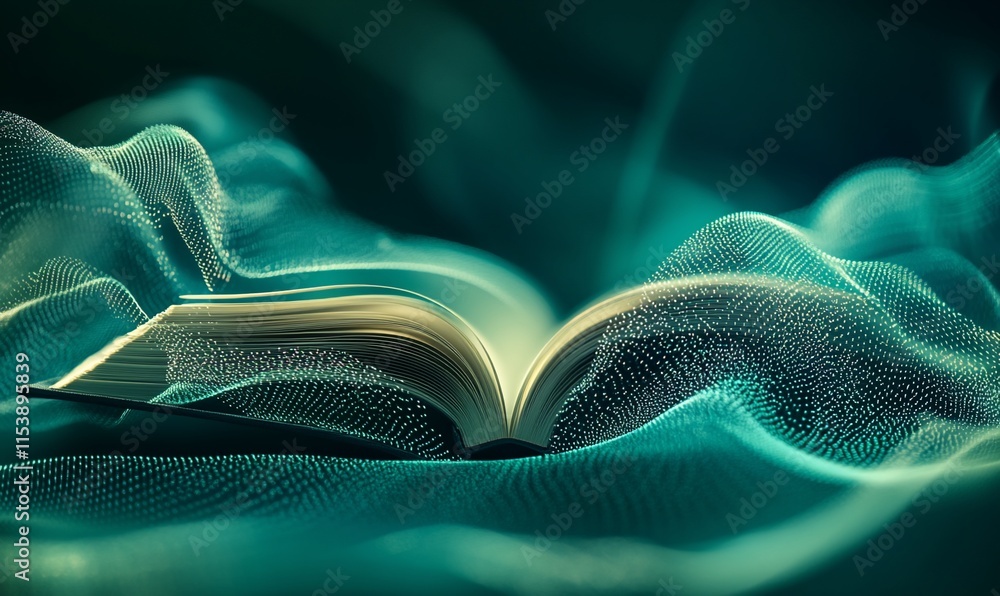 Poster an open book surrounded by flowing digital waves, symbolizing knowledge and creativity.