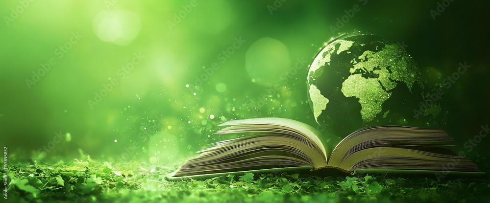 Poster an open book with a globe, symbolizing knowledge and environmental awareness.