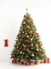 Fototapeta premium A richly decorated Christmas tree stands against a pristine white backdrop, silver, joyful