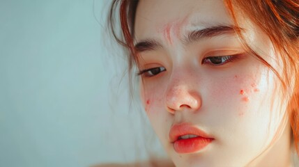 acne on woman face with rash skin, scar, and red skin syndrome allergic to cosmetics, use steroids, dermatology, inflammation, infection, hygiene