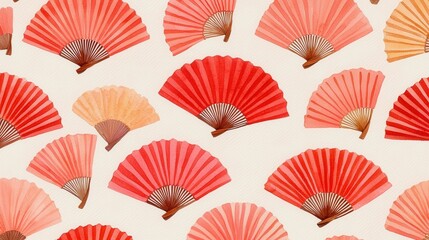 Chinese New Year luck and parade, A vibrant pattern featuring various decorative fans in shades of red and pink against a light background.