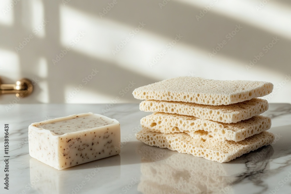 Poster minimalist display of soap bars showcasing unique textures and s