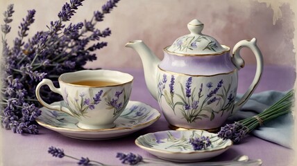 Elegant lavender-patterned tea set featuring a teapot, teacup, and saucer, styled with fresh lavender flowers on a soft pastel background.  
