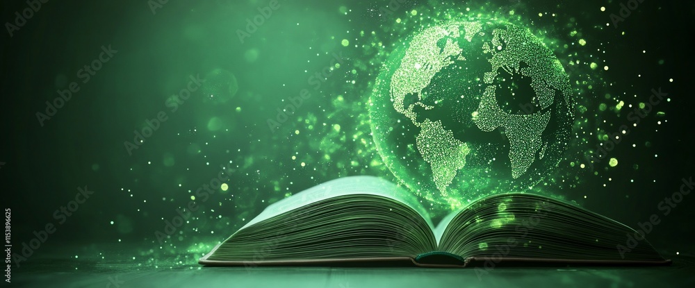 Poster an open book with a glowing globe above it, symbolizing knowledge and the world.