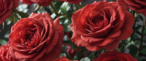 Close-up of big red roses with soft light and delicate petals, stem, rose
