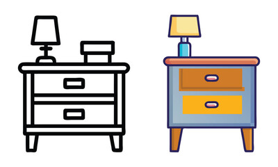 Colorful and Outline Nightstand Icons, A pair of nightstand vector icons featuring drawers, lamps, and decorations in colorful and black-and-white outline styles for design projects.

