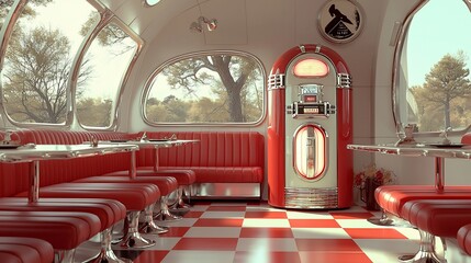 Retro diner interior with jukebox, booths, and large windows.