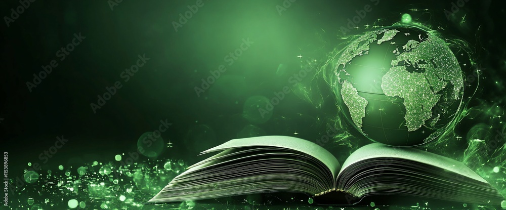 Poster an open book with a glowing globe, symbolizing knowledge and the world.