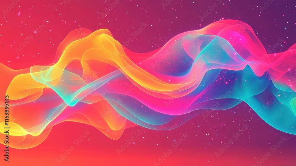 Poster vibrant abstract colorful flowing wave shapes with glowing neon effect, dynamic motion for backgroun