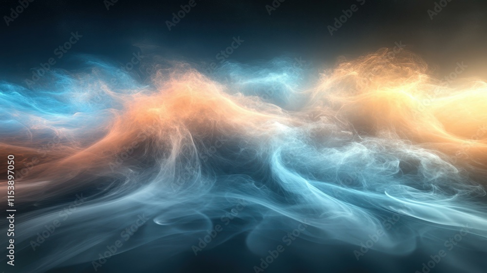 Poster abstract colorful smoke waves flowing dynamically, creating vibrant surreal effect, perfect for tech
