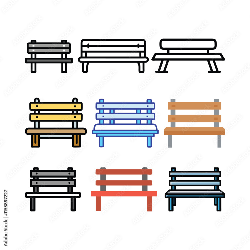 Poster park bench vector icon set in various styles, a collection of ten park bench vector icons in differe