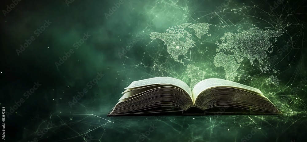 Aufkleber an open book with a glowing world map background, symbolizing knowledge and exploration.