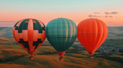 Fototapeta premium Three colorful hot air balloons floating over green fields at sunset, adventure travel, aerial view, festival celebration, outdoor excitement, vibrant sky, scenic landscape, warm tones
