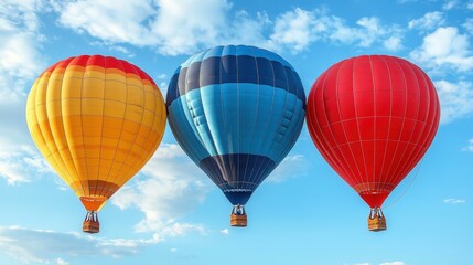 Naklejka premium Three colorful hot air balloons orange blue red flying in clear sky ideal for travel adventure vacation tourism celebration festival bright sunny day background clouds serene atmosphere