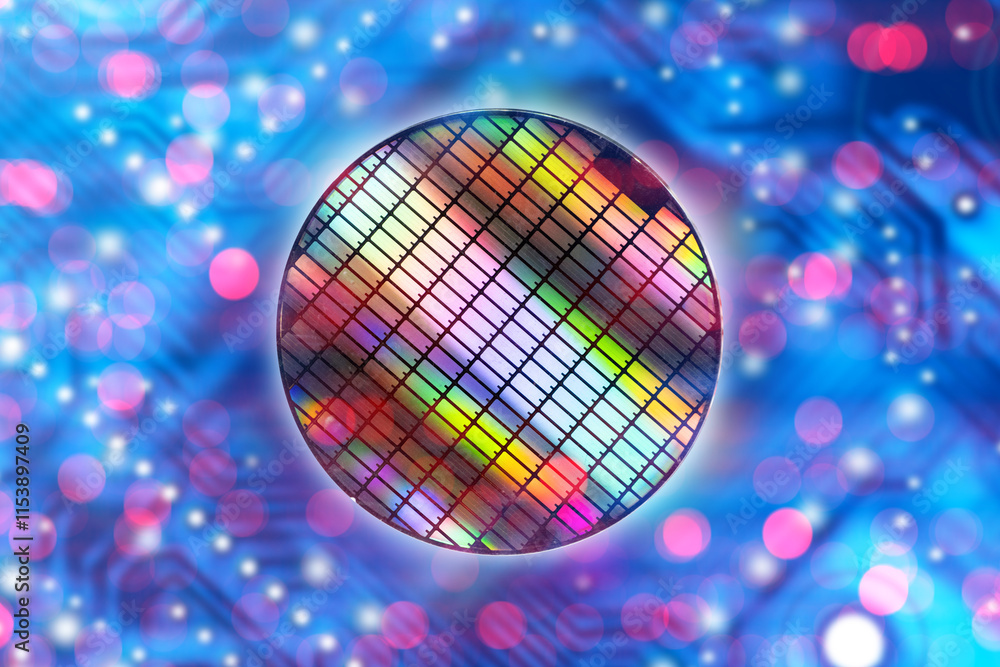 Poster Digital microboard. Electronic microprocessor. Computer board under microscope. Semiconductor manufacturing concept. Background computer board. Cyber texture. Multi-colored cells on PCB. 3d image