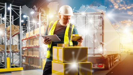 Man logistics specialist. Storekeeper guy with cardboard boxes. Logistician man near truck driving...