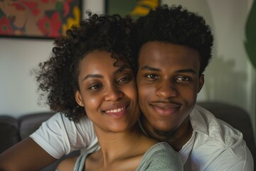 Young man embracing woman, both smiling and looking at the camera