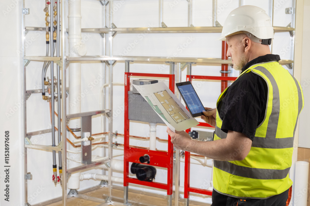 Poster man builder. design of utility networks during construction. architectural drawings in hands of buil