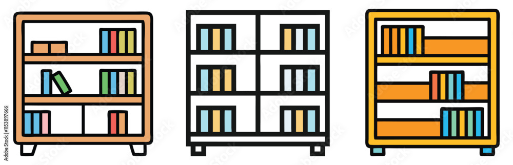 Poster bookshelf icon trio with books and shelves, set of three bookshelf vector icons in various styles fe
