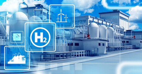 Hydrogen factory. Industrial plant. H2 logo near manufactory. Symbols of green energy. Factory for generating green energy. Hydrogen manufactory exterior. Use of hydrogen in energy. 3d image