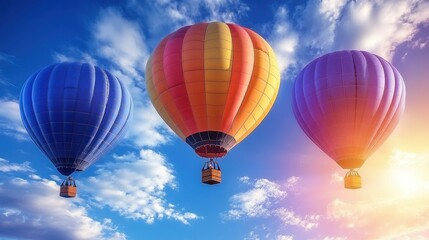 Obraz premium Colorful hot air balloons floating in bright blue sky during sunset, perfect for travel, adventure, tourism, summer vacations, outdoor activities, and scenic landscape backgrounds with clouds and sun