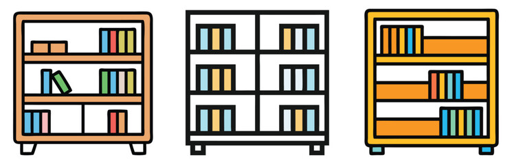 Bookshelf Icon Trio with Books and Shelves, Set of three bookshelf vector icons in various styles featuring colorful books and simple shelving, perfect for office or home decor.
