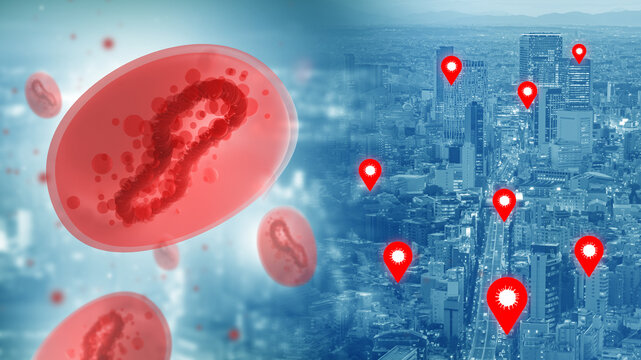 An outbreak of monkeypox in city. Virus molecules over metropolis. MPOX epidemic. Monkeypox cells near skyscrapers. Spread of virus in densely populated city. Air is infected with disease monkeypox. - Powered by Adobe