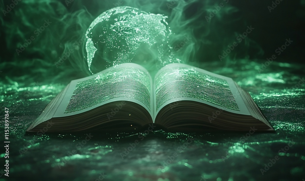 Poster an open book with glowing text and a green holographic globe above it.