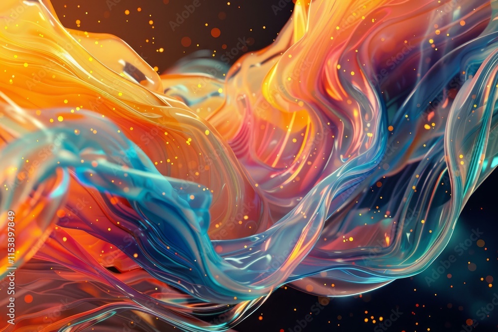 Poster colorful abstract waves are flowing smoothly with golden particles on a dark background, creating a 