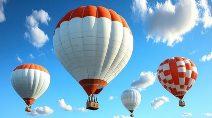 Obraz premium Colorful hot air balloons floating in blue sky above green landscape, adventure travel concept, festival celebration, family fun activity, sunny day with white clouds background