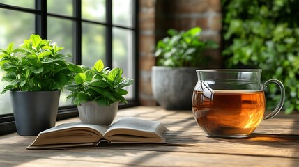 Herbal tea, book, and plants on windowsill.