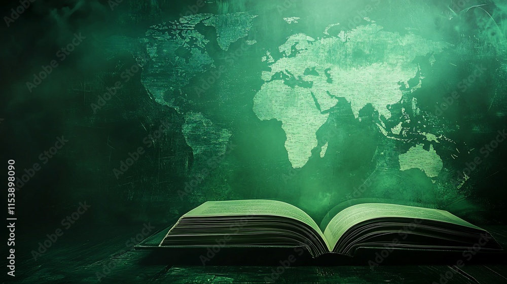 Poster an open book with a green-toned world map background, symbolizing knowledge and exploration.