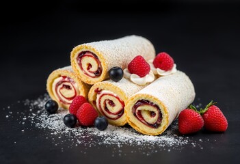 Delicious Swiss Rolls with Berries and Cream Dessert Pastry