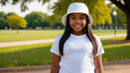 Little black girl wearing white t-shirt and white bucket hat standing in the park